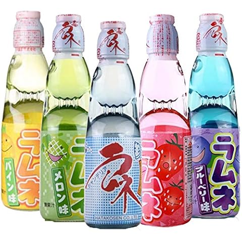 Hatakosen Ramune Soda (Fruity Gift Set) 200ml (5 Bottles) Original, Strawberry, Melon, Blueberry and Pineapple Flavor Cover
