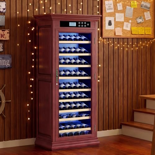 Image of KEIKI Freestanding Wine Refrigerator with Wood Cabinet, 102 Bottle Single Zone Wine Cooler, Humidity Control Tempered Glass Door, LED Light Lockable Shelves, for Home Bar Kitchen, Cherry