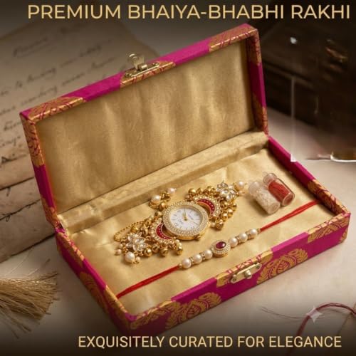 Image of Designer Set for Brother with Analog Wrist Watch, Matching, Rudraksha Evil Eye Rakhi, Roli Chawal & Gift Box | Raksha Bandhan Gift Hamper