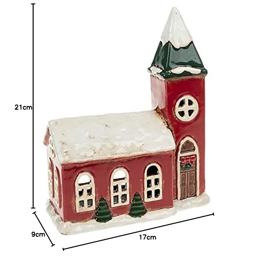 Village Pottery Snowy Christmas Church Tealight Holder, Red, Dark Red, White, 17 cm x 9 cm x 21 cm - Image 3