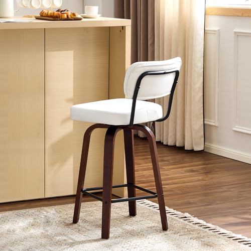 VINGLI Butaco Moderno para Bar, Giratorio 360°, Tapizado en Cuero Sintético PU, Patas de Madera Sólida, Blanco, Pack de 2 miniatura 7