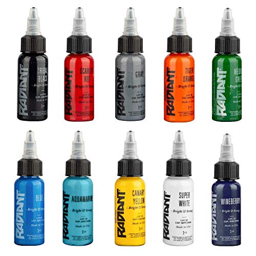 RADIANT COLORS 10 Color Tattoo Ink Set 1oz Bottles Kit Pigment Made in USA