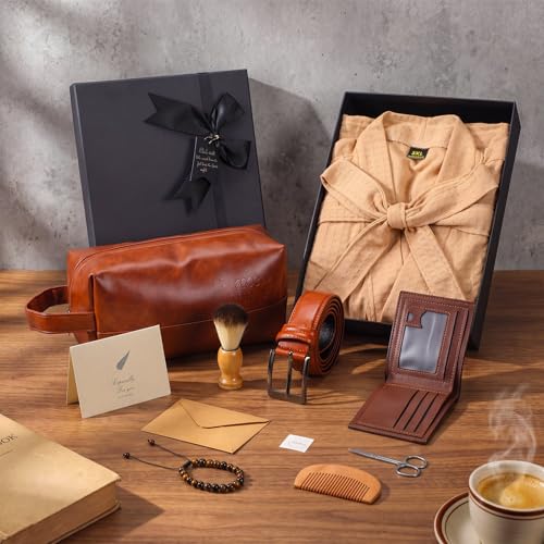 Image of Shyyween 10 Pcs Birthday Gifts Baskets for Men Father Gift Get Well Soon Gifts Beard Care Set Graduation Gift for Him with Bathrobe, Wallet, Beard Comb & Brush Set for Dad Boyfriend Husband(Khaki)