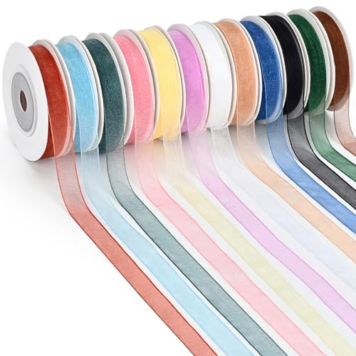 12 Colors Organza Ribbon 3/8 Inch x 120 Yards Total Sheer Ribbon Set for Gift Wrapping Wedding Decoration Craft Projects Hair Bows & Flower Bouquets
