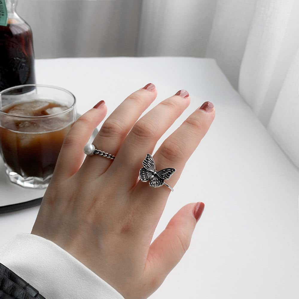 HGJH Verstellbarer Ring, S925 Sterling Silber Perlenring Verstellbare Ringe Retro Offener Ring Silber Daumenring Ewigkeitsring Hochzeitscharme Schmuck Geschenke Für Männer Mädchen Damen