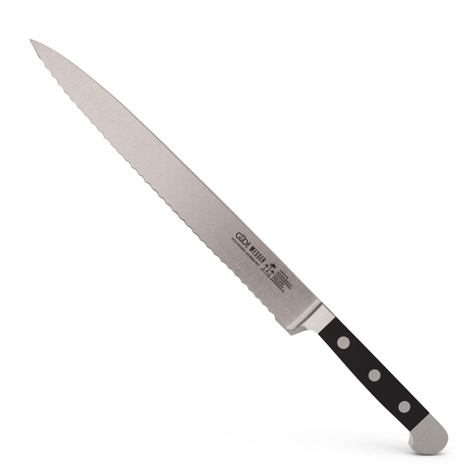 GÜDE Solingen - Couteau à jambon manche forgé, 26 cm, POM noir, ALPHA - couteau à découper, double mitre, fabriqué à la main en Allemagne