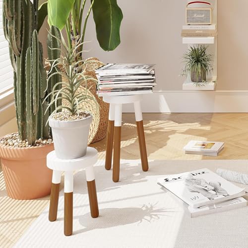 Image of Modern Round Wooden Stool & Side Table with White Finish, Solid Wood Legs, Stylish Multipurpose Furniture for Home, Living Room & Bedroom Small