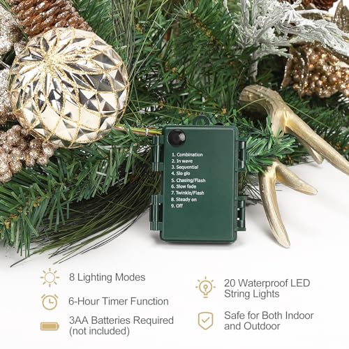 6 Ft Pre-Lit Christmas Garland, Battery Operated Xmas Garland with 20 LED Lights, Pine Cones, Berries, Bows, Gold Balls for Front Door Fireplace Mantel Stairs Table Decor