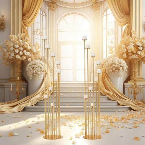 Set of 10 Floor Candelabra Centerpieces,9 Arm Metal Gold Candle Holders Pillar Taper Candlestic for Home Birthday Wedding Banquet Decoration(46.3'' Tall)