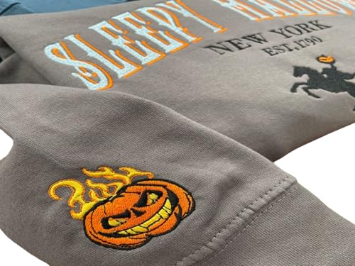 Sleepy Hollow Embroidered Sweatshirt – Headless Horseman Halloween Crewneck, Pumpkin Flame Sleeve Embroidery, Cozy Fall Spooky Season Sweater Gift for Her & Him Multi4
