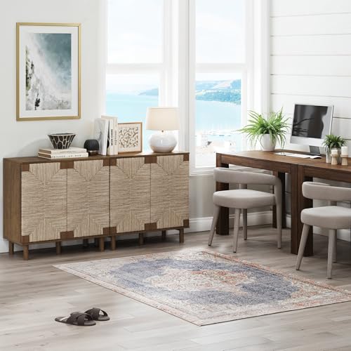 Image of Nathan James Beacon Boho Accent Cabinet with Doors, TV Stand with Adjustable Interior Shelf and Seagrass Accent, Dark Brown, Set of 2