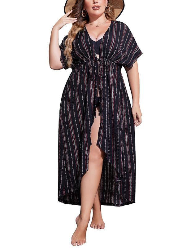 IN'VOLANDWomen Plus Size Long Cover up Stripe Bikini Coverups Kimono Tie Front Bathing Suit Swimsuit Beachwear
