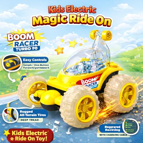 Image of Stunt Car Toy for Kids with 360 Rotation & Flashing Lights | Off-Road Spinning Racing Vehicle with Big Rugged Wheels | Battery Operated Action Car Toy for Boys & Girls (Boom Racer Yellow)