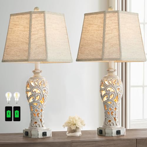 Reyokale FBA-8914 Set Of 2 Rustic Table Lamps For Living Room Bedroom, Farmhouse Vintage Nightstand Lamp With 2 Usb Ports, Hollow Out Resin Lamp thumb #6
