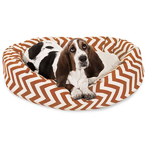 Image of Majestic Pet 32 Inch Chevron Sherpa Calming Dog Bed Washable - Cozy Soft Round Pet Bed with Spine for Head Support - Fluffy Donut Bed 32x23x7 (inch) - Medium - Burnt Orange