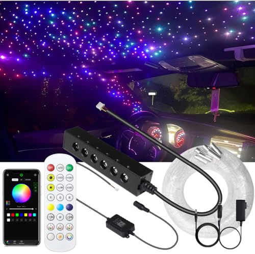 Image of AZIMOM 6LED Colorful Fiber Optic Starlight Headliner Kits 180pcs*0.03in*6.5ft Fiber Strands APP& Remote Control Mix Color Chase Timing Fiber Optic Star Light for Car Home Sky Star Decoration