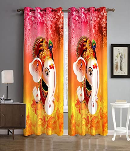 Image of UNITMALL Digital Printed God Curtains Pack of 2 | Home Mandir Pooja Room Decor Bhgwan Door Curtain 7ft | Polyester Eyelet Drapes & Panels (4x7 Feet, Ganeshaa)