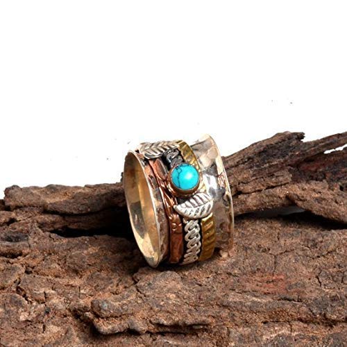 Textured Ring, Ring for Gift, Womens Ring, Mens Ring, Turquoise Ring, Meditation Ring, Leaf Design Ring, Three Band Ring, Handmade Ring, Thumb Ring, Anxiety Ring, Worry Ring, Silver Spinner Ring