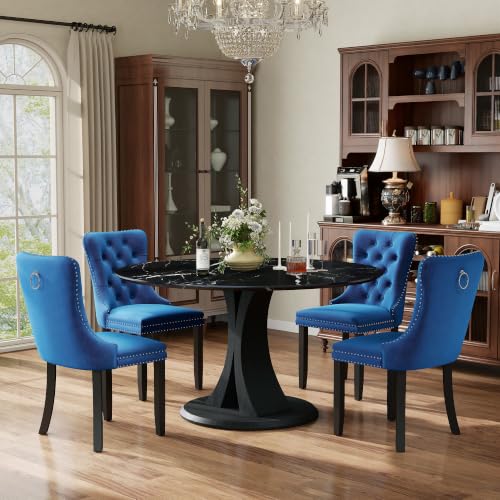 Image of 5-Piece Dining Table Set for 4 with 47 In Black Faux Marble Round Table | Circle Dining Room Table with 4 Velvet Upholstered Chairs, Modern Scandinavian Furniture for Dining Room Kitchen (Bule)