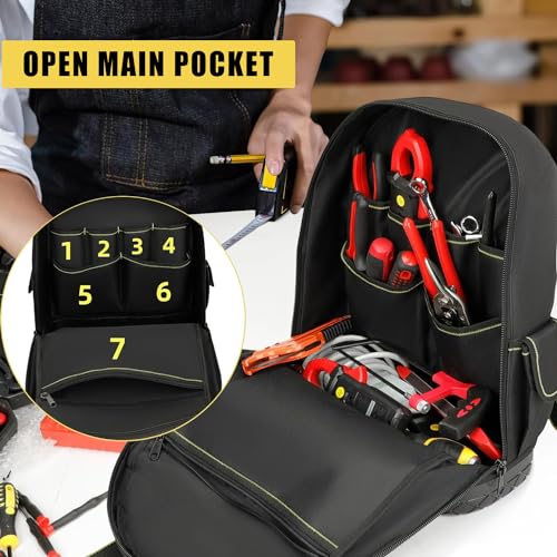 airaj 43x38x20cm sac à dos à outils, sac à dos de chantier robuste avec base en caoutchouc abs, facile à transporter, sac à dos à outils pour électricien, plombier, travailleur de maintenance
