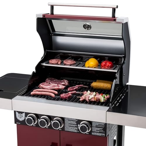 Gasgrill BBQ CHIEF 6.0-3 Edelstahl Brenner, Seitenbrenner, 10,5 kW, Gusseisen Grillrost, Deckel, Thermometer, Rollen, Rot - Grill, Grillwagen, Grillstation für Camping, Balkon,... – Bild 5