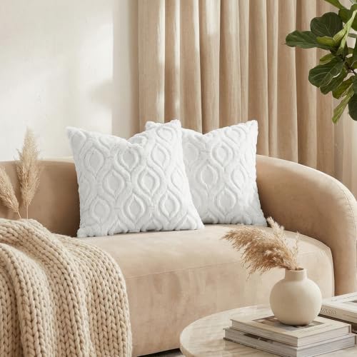 Image of decorUhome Fall Throw Pillow Covers 22x22 Inch Set of 2, Soft Plush Faux Wool White Solid Couch Pillow Covers, Accent Euro Sham Farmhouse Neutral Square Pillow Cases for Sofa Bed Living Room