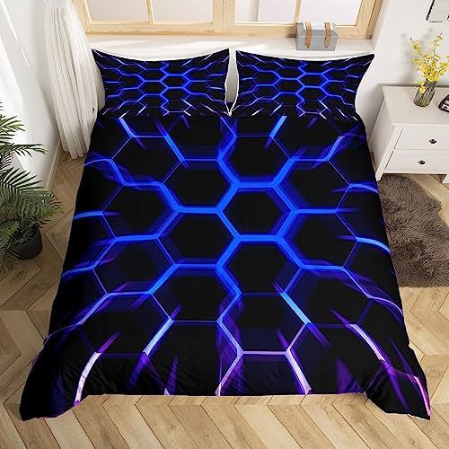 Honeycomb Bedding Set Black Blue Hexagon Geometrical Duvet Cover for Boys Girls Kids,3D Geometric Beehive Pattern Hexagonal Comforter Cover Double Neon Glowing Quilt Cover Ultra Soft Room Decor