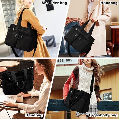 Hoseay Handtasche Damen Cord Umhängetasche Mittelgroß Tote Bag Damen Shopper Tasche mit Reißverschluss Crossbody Bag Frauen Schultertasche für Schule Arbeit Büro Reisen Einkaufen Alltag, Schwarz
