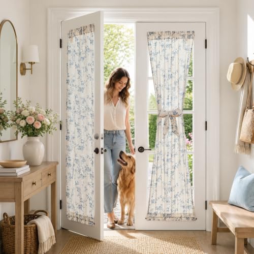 Image of jinchan Blue Linen Floral French Door Curtains 72 Inch Rod Pocket 2 Panels