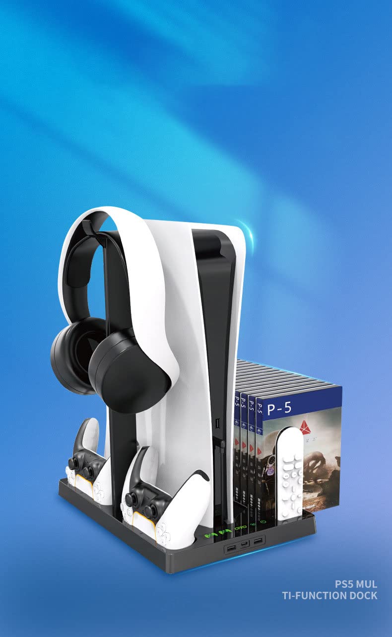 PS5 Multifunctional Controller Charging Station with LED, Multifunctional Cooling Base, Dual Charger Docking Station for PS5 with Headset Holder (White, PS5) IV-P5246