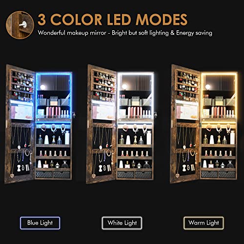 Image of Vlsrka Mirror Jewelry Cabinet with 3 LED Lights, Wall /Door Mounted Jewelry Armoire Organizer with Full Length Mirror Large Capacity Storage Hanging Cabinet, Built-in Lighted & Movable Makeup Mirror