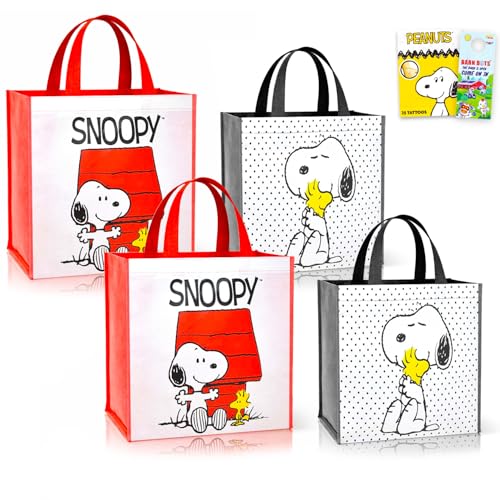 Peanuts Tote Bags for Kids, Adults - 7 Pc Bundle with 4 Snoopy and Charlie Brown Tote Bags Plus Tattoos, More | Snoopy Gifts for Kids