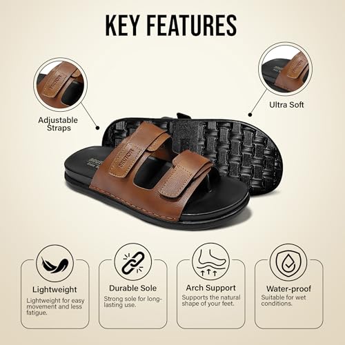 Image of BRUTON Men's STRIVO-1141 Wedge Sandals | Adjustable Buckle Toe Ring Comfort Sandals | Lightweight Cushioned Footbed | Anti-Slip Casual Outdoor & Daily Wear Footwear | Black