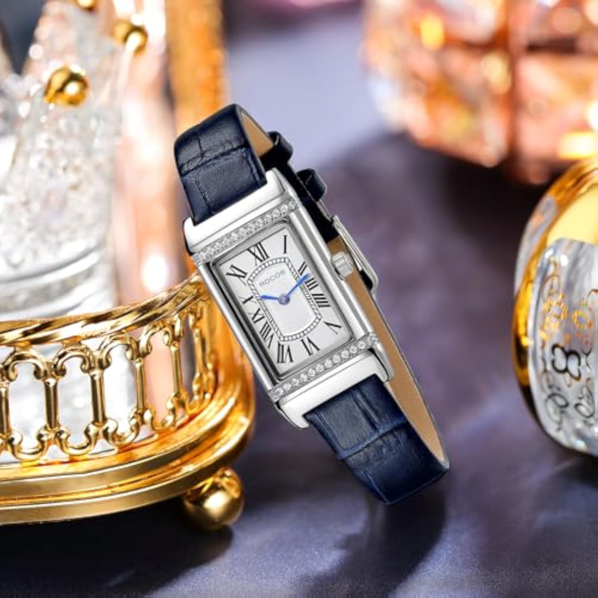 Women's Rectangle Analog Quartz Watch with Crystal Bezel