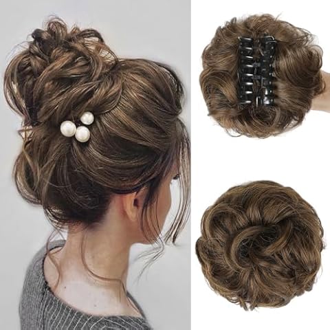 YOGFIT Claw Clip Messy Bun Hair Piece Real Human Hair Buns Hairpieces for Women Wavy Curly Chignon Hair Bun Extensions Tousled Updo Hair Buns Claw Clip(Medium brown natural golden) Cover