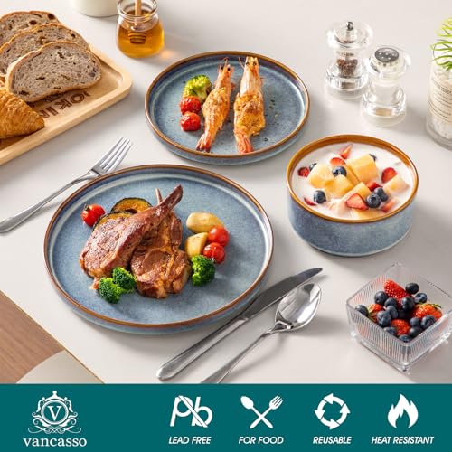 Image of vancasso ONION Ceramic Plates and Bowls Sets, 18 Pieces Blue Dinnerware Sets for Kitchen, Reactive Glaze Dishes Set for 6, Dishwasher and Microwave Safe