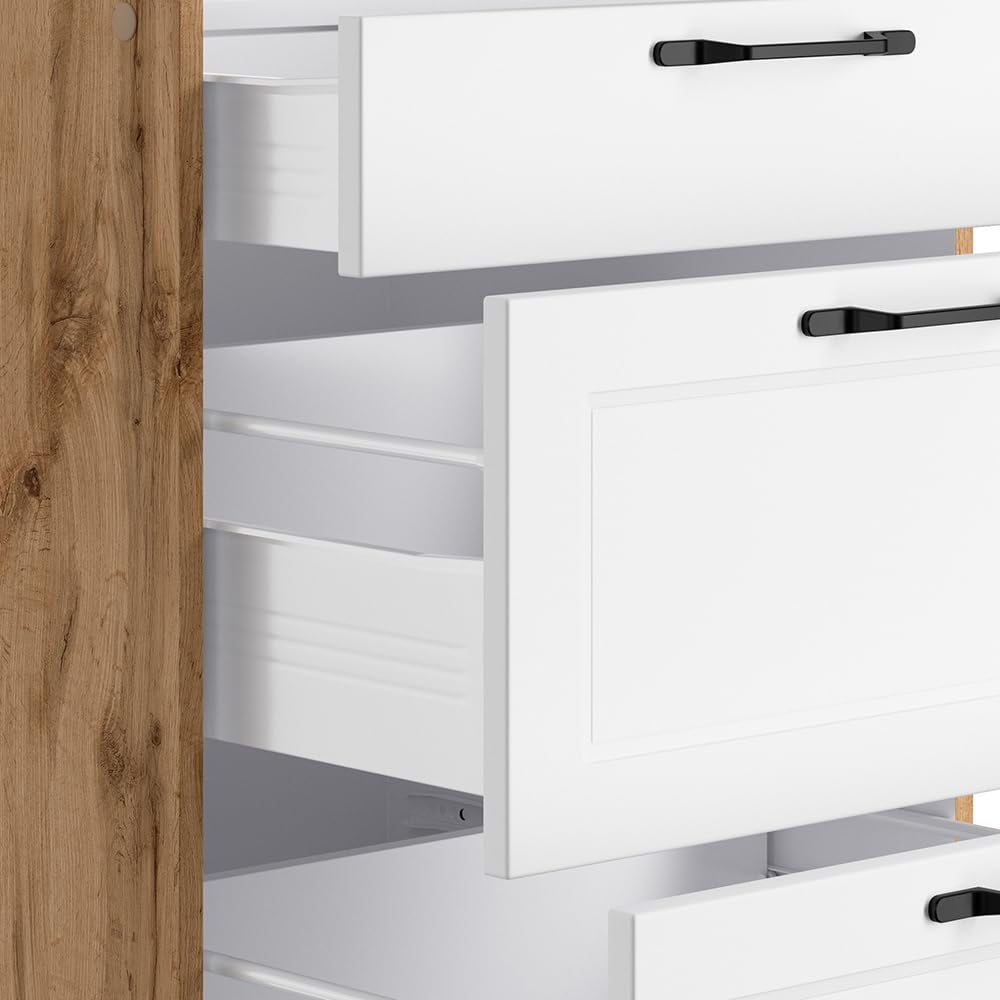 Lomadox Winkelküche Küche Einbauküche Küchenzeile L-Form 300/240 cm mit E-Geräten in weiß und Eiche, Arbeitsplatte in Eiche, inkl. Dunstabzugshaube, Herd, Backofen, Geschirrspüler, Kühlgefrierkombi