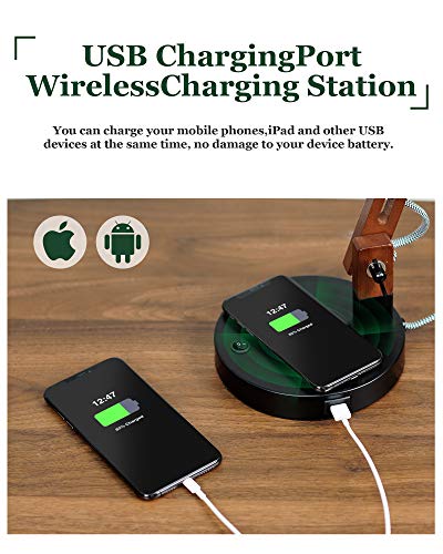 ELYONA Swing Arm Desk Lamp, Wood Table Lamp with Wireless Charging & 2 USB Ports, Adjustable Office Lamp, Black Modern Reading Lights for College Dorm, Study, Living Room, Bedroom