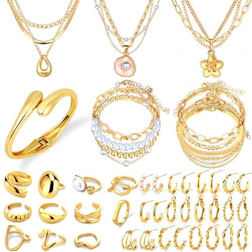 Image of CHICUTIE Gold Jewelry Set For Women,14k Gold Plated Multi Layer Necklaces Bracelets Hoop Earrings Set Stackable Knuckle Rings, Trendy Elegance Charms Non Tarnish Minimalist Textured Boho Jewelry Gift