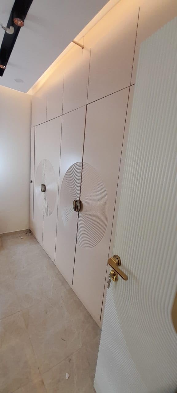 Modern White Wardrobe with Circular Pattern Design, Gold Handles, Built-in LED Lighting-image-14