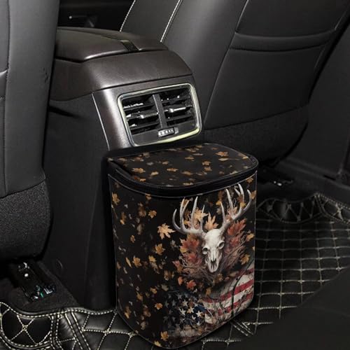 Image of Talayituse Deer Skull American Flag Print Car Trash Can, Portable Auto Garbage Bin Multifunctional Vehicle Interior Accessories with Adjustable Straps Universal Fit Truck SUV Sedan
