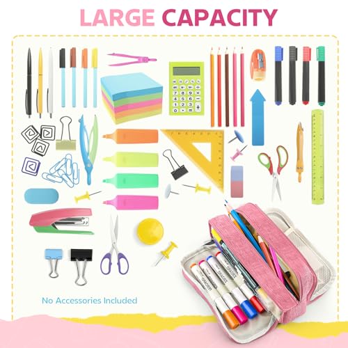 Image of Large Capacity Pencil Case Pencil Pouch Pen Bag with 3 Compartment Stationery Organizer with Zipper, School Supplies Organizer for Teen Adults (Pink)