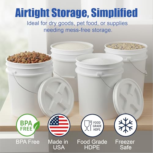 Image of ePackageSupply 5 Gallon Bucket - Food Grade w /Lid BPA-Free, White /White, 6 | Airtight Gamma Seal Screw-On Lid, Heavy-Duty 90 Mil HDPE Plastic, Food Safe and Durable Container, Bulk Storage, Made in USA