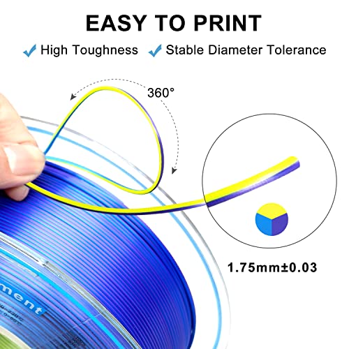 Image of YOUSU 3D Printer Filament, Tri-Colors PLA Filament 1.75mm, Coextrusion Silk PLA Filament, Rainbow PLA Filament with Silk PLA Blue-Purple-Yellow, 3D Printing Filament + /-0.02mm, 1kg /2.2lbs