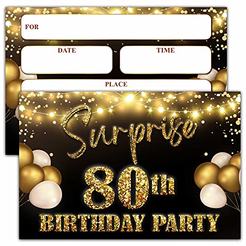 YSTEP 80th Birthday Party Invitations, 20 Black Gold Invite Cards with Envelopes, 4