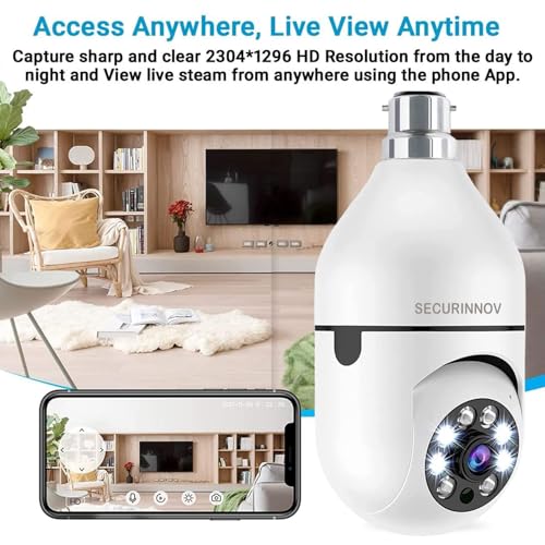 Image of securinnov 3MP WiFi Light Bulb Camera Home Office Outdoor | 360 Rotation | Color Night Vision |1080p | Motion Detection | Two Way Audio | Wireless Home Security | Mobile App V380 Pro (Light Bulb)
