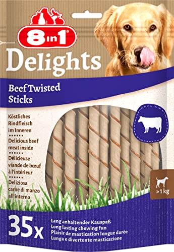 8in1 Delights Beef Twisted Sticks - gesunde Kaustangen für sensible Hunde, hochwertiges Rindfleisch eingewickelt in Rinderhaut, 35 Stück