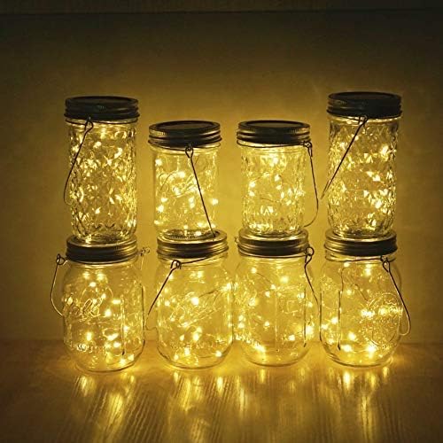 Solar Mason Jar Lights, Decorman 8 Pack Waterproof Fairy Star Firefly Lids String Lights with 8 Hangers for Patio Yard Garden Party Wedding Christmas Decoration(Jars Not Included) (10 LED, Warm White)