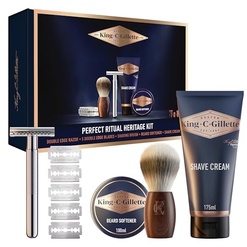 King C. Gillette Geschenkset, Optimal Ritual Heritage Set für Männer, Tägliche Bartpflege — Inkl. Rasierhobel mit Doppel-Schneidekante, 5 Klingen, Nassrasierer, Rasierpinsel, Bartbalsam & Rasiercreme