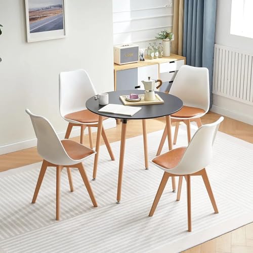 Image of Set of 4 Modern Style Mid Century Modern Dinning Room Cafe Hotel Office Wooden Legs Chair (White with Brown Seat)
